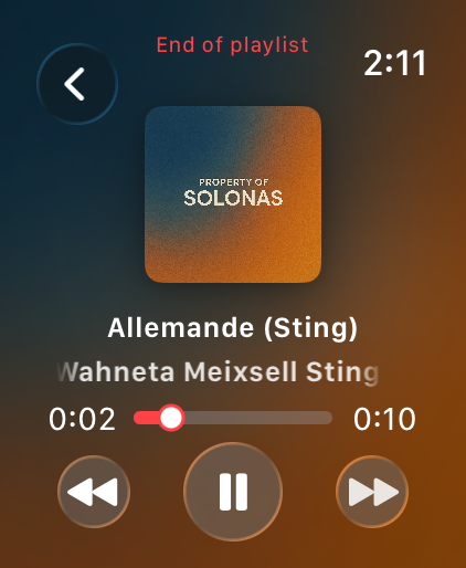 SOLONAS Apple Watch MP3 player Now Playing screen